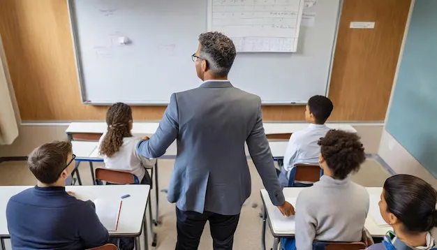 arriba-profesor-masculino-clase-espaldas-volvio-pizarra-involucrando-estudiantes-entusiasmo_820340-21036